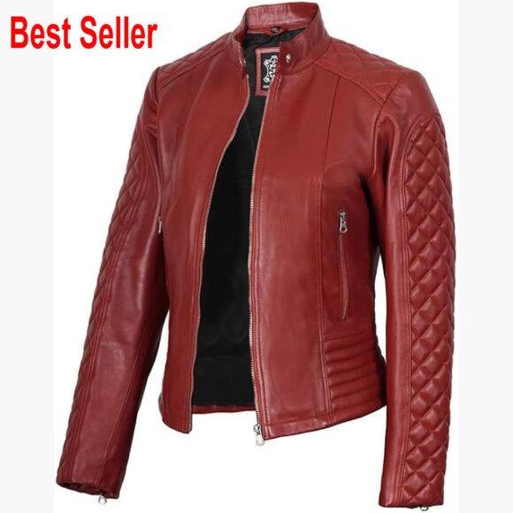 Jackets & Blazers - Real Lambskin Leather Jacket, Cafe Racer Style, Quilted Band Collar